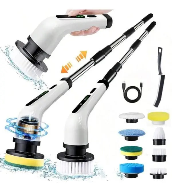 9-in-1 Cordless Rechargeable Electric Spin Scrubber - Adjustable Extendable Heavy Duty Cleaning Tool with USB/Type-C Fast Charging, Easy Plug, 2x Extension Rods, 1 Scrubber, Multiple Brushes, Lightweight Eases Long Cleaning for Bathroom, Floor