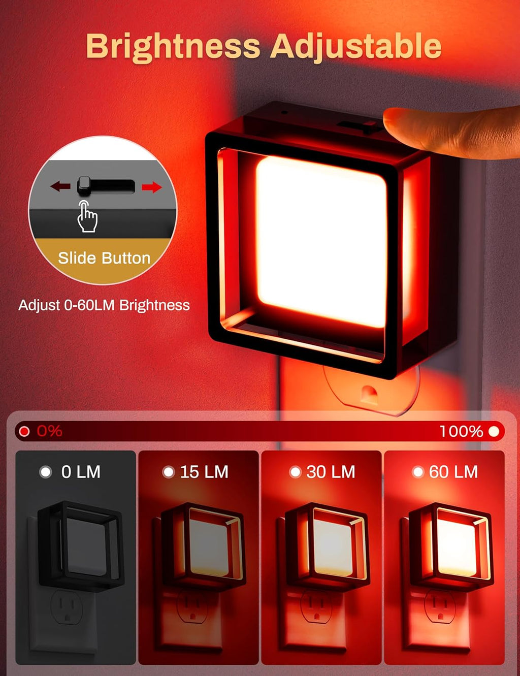 Red Night Light [2 Pack], Night Lights Plug into Wall, Night Light Dusk to Dawn Sensor, LED Nightlight Adjustable Brightness, Bedroom, Bathroom, Hallway, Stairs, Christmas, Party